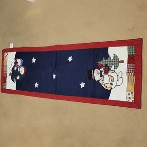 Vintage Snowman Quilted Table Runner Red Blue White